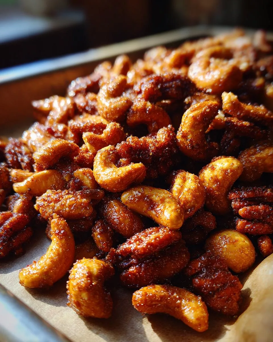 A close-up, mouthwatering shot of freshly made cinnamon spiced nuts, glistening with a sweet glaze.