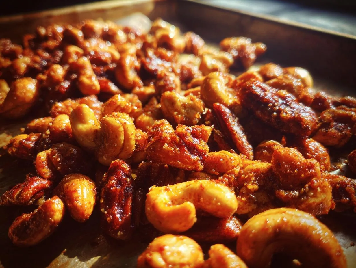 A close-up shot of a pile of glistening cinnamon spiced nuts, including cashews and pecans, on a baking sheet.