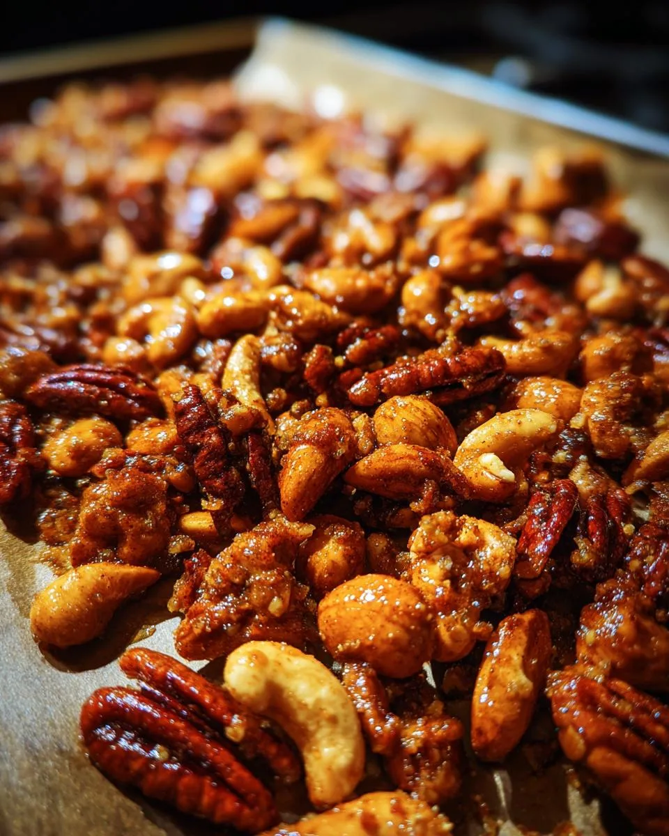 A close-up, mouth-watering view of freshly made cinnamon spiced nuts, featuring pecans, almonds, and cashews coated in a glossy glaze.