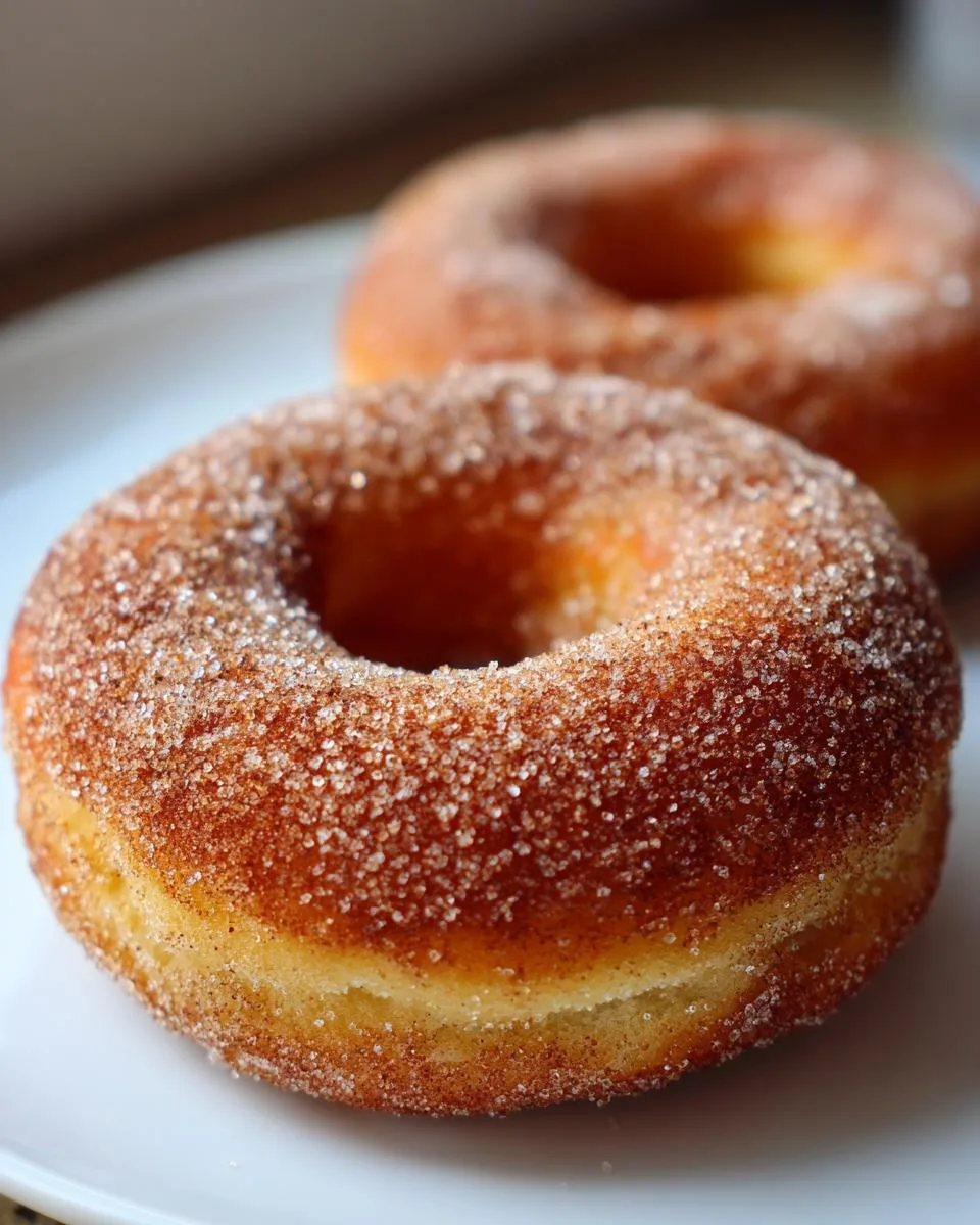 Close-up of two fluffy cinnamon sugar donuts on a white plate, coated in sparkling cinnamon sugar.