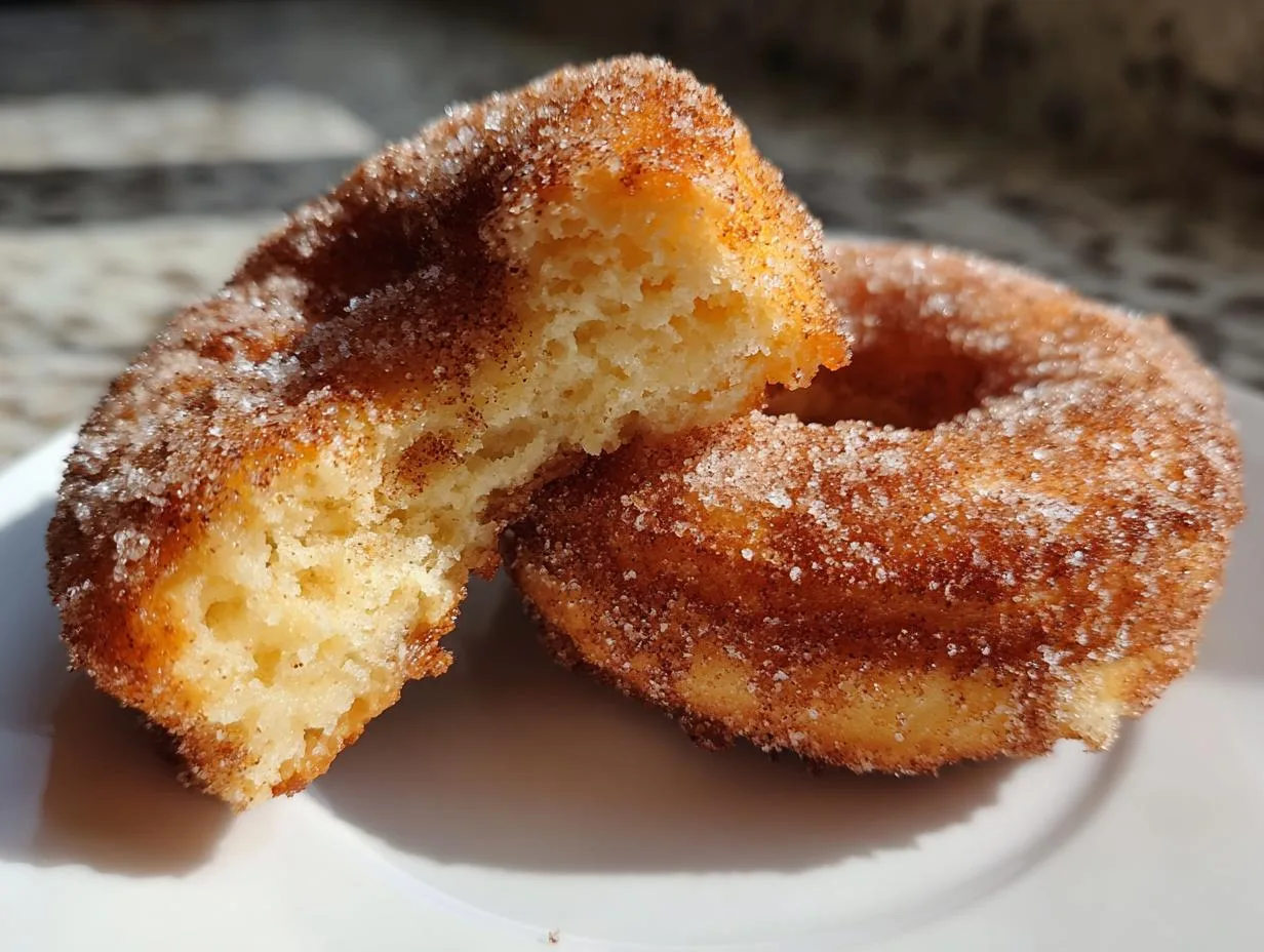 Close-up of two heavenly cinnamon sugar donuts on a white plate, one broken in half to show the fluffy interior.