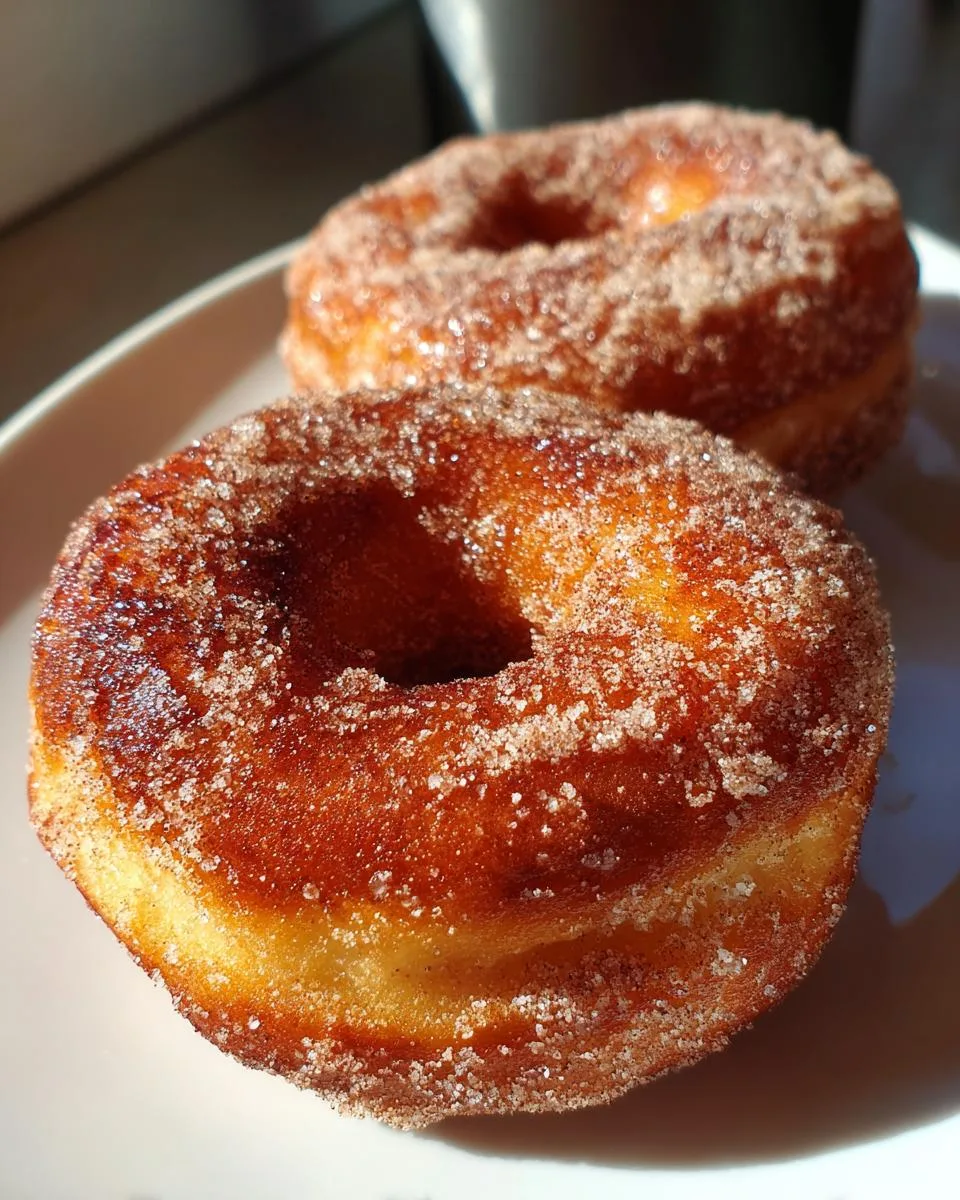 Close-up of two freshly made cinnamon sugar donuts on a white plate.