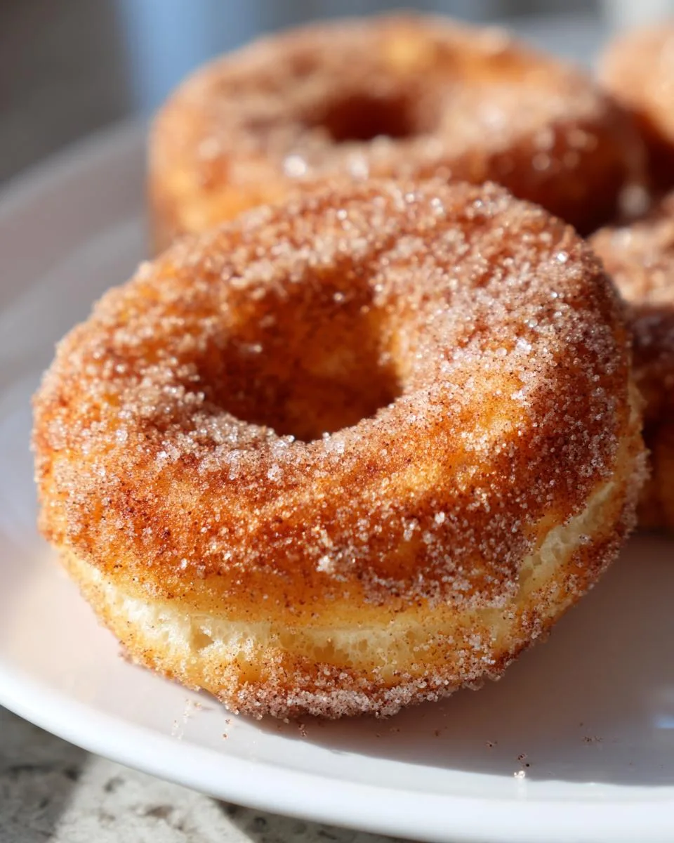 A close-up of delicious cinnamon sugar donuts, coated in a sweet and spicy mixture, on a white plate.