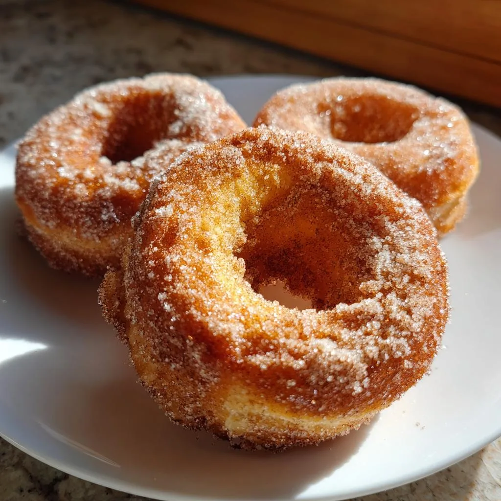 Three freshly baked cinnamon sugar donuts piled on a white plate, glistening with sugar.