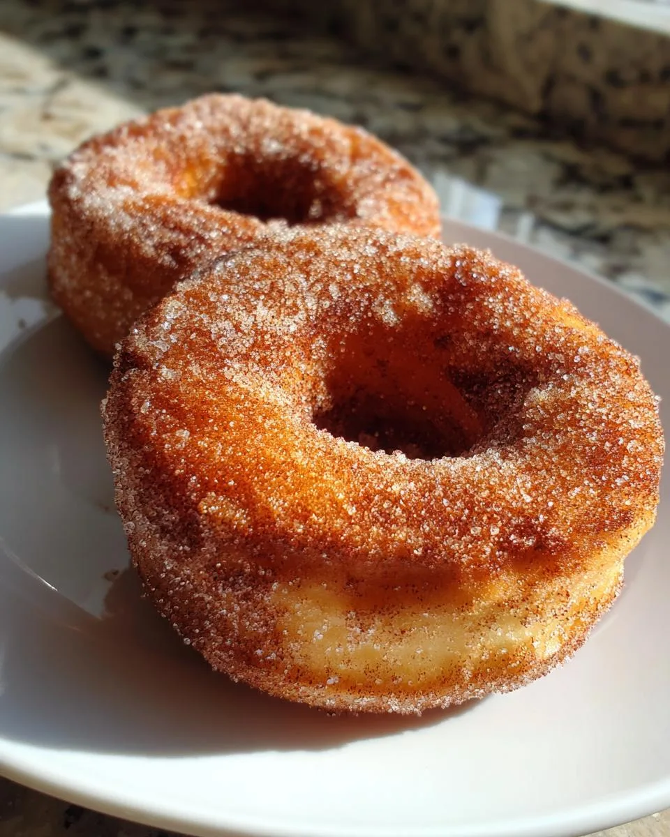 Two freshly made cinnamon sugar donuts coated in a sweet cinnamon and sugar mixture, presented on a white plate.