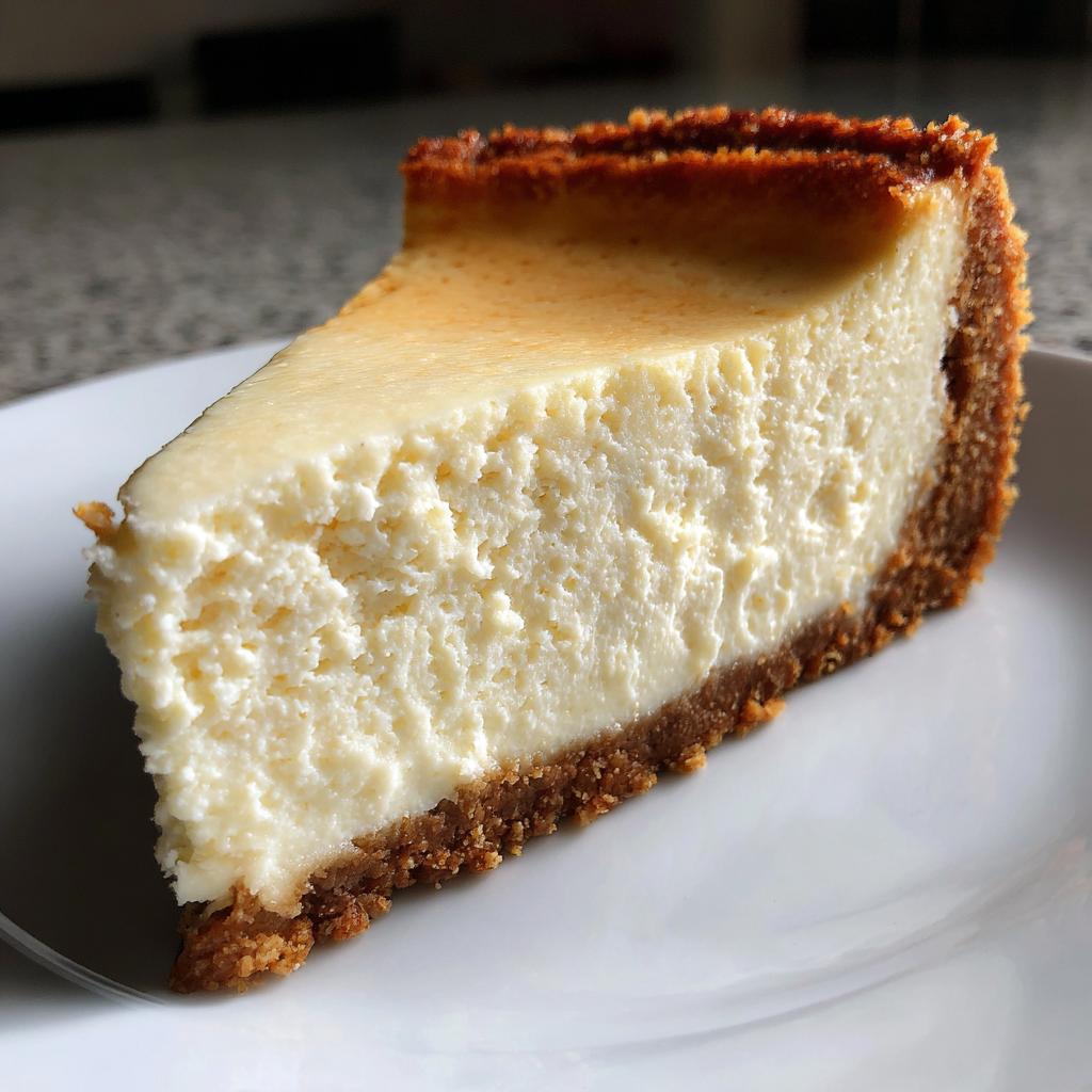 A perfect slice of classic cheesecake with a graham cracker crust, showcasing its creamy texture.