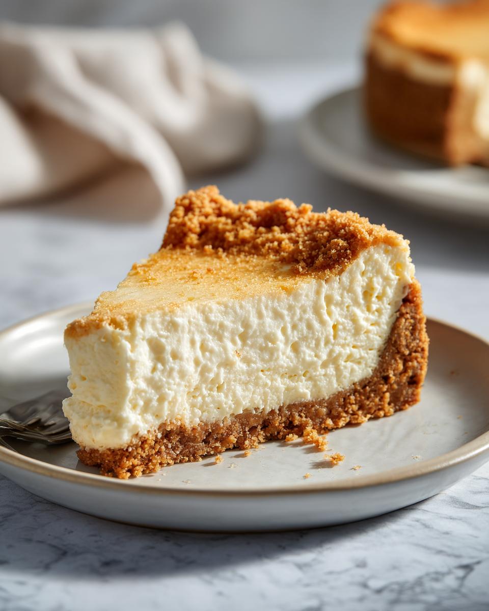A close-up of a slice of classic cheesecake with a graham cracker crust and creamy filling.