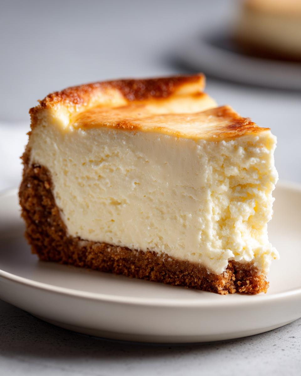 A perfect slice of classic cheesecake with a graham cracker crust, showcasing its creamy texture and golden-brown top.