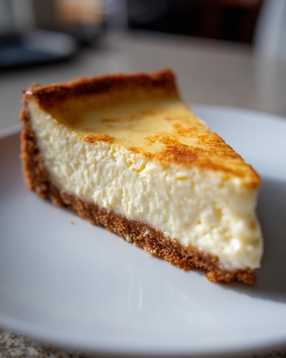A perfect slice of classic cheesecake with a graham cracker crust on a white plate.