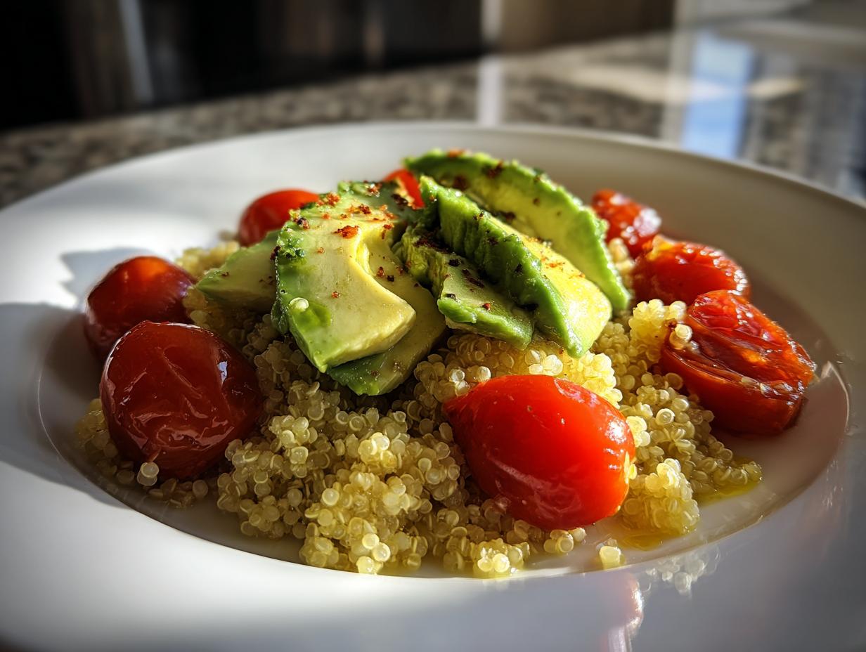 A vibrant cooking aesthetic dish featuring quinoa topped with sliced avocado and roasted cherry tomatoes, seasoned with red pepper flakes.