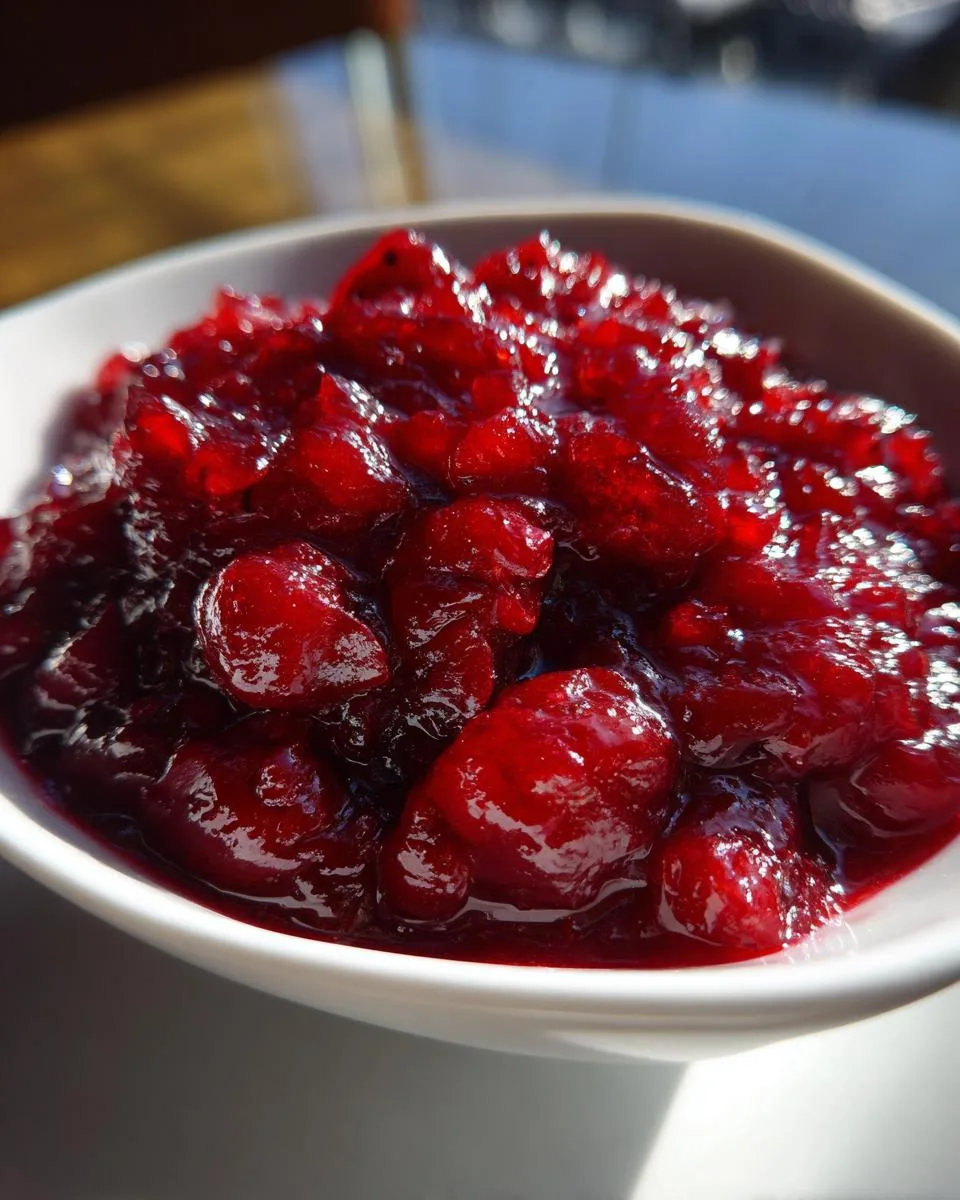 A close-up, vibrant shot of glistening cranberry chutney in a white bowl, showcasing whole cranberries.