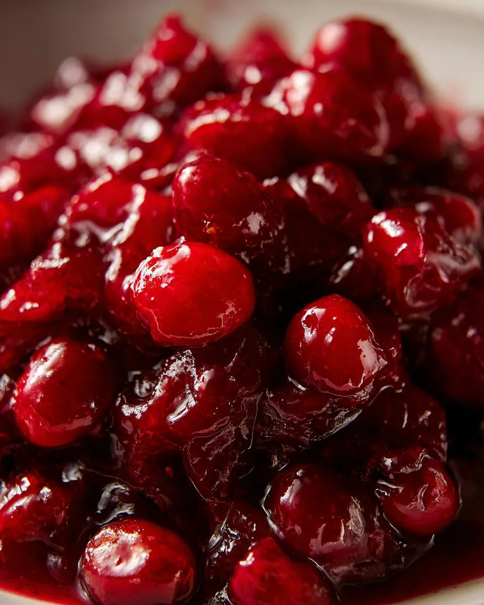 A close-up, detailed view of glistening cranberry chutney, showcasing whole berries in a rich, ruby-red sauce.