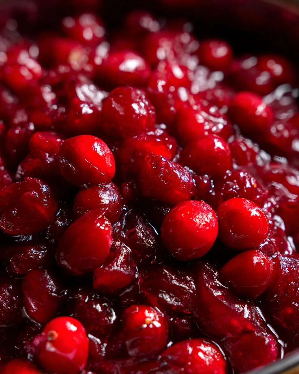 A close-up, overhead view of glistening, jewel-toned cranberry chutney, showcasing whole and halved cranberries in a rich sauce.