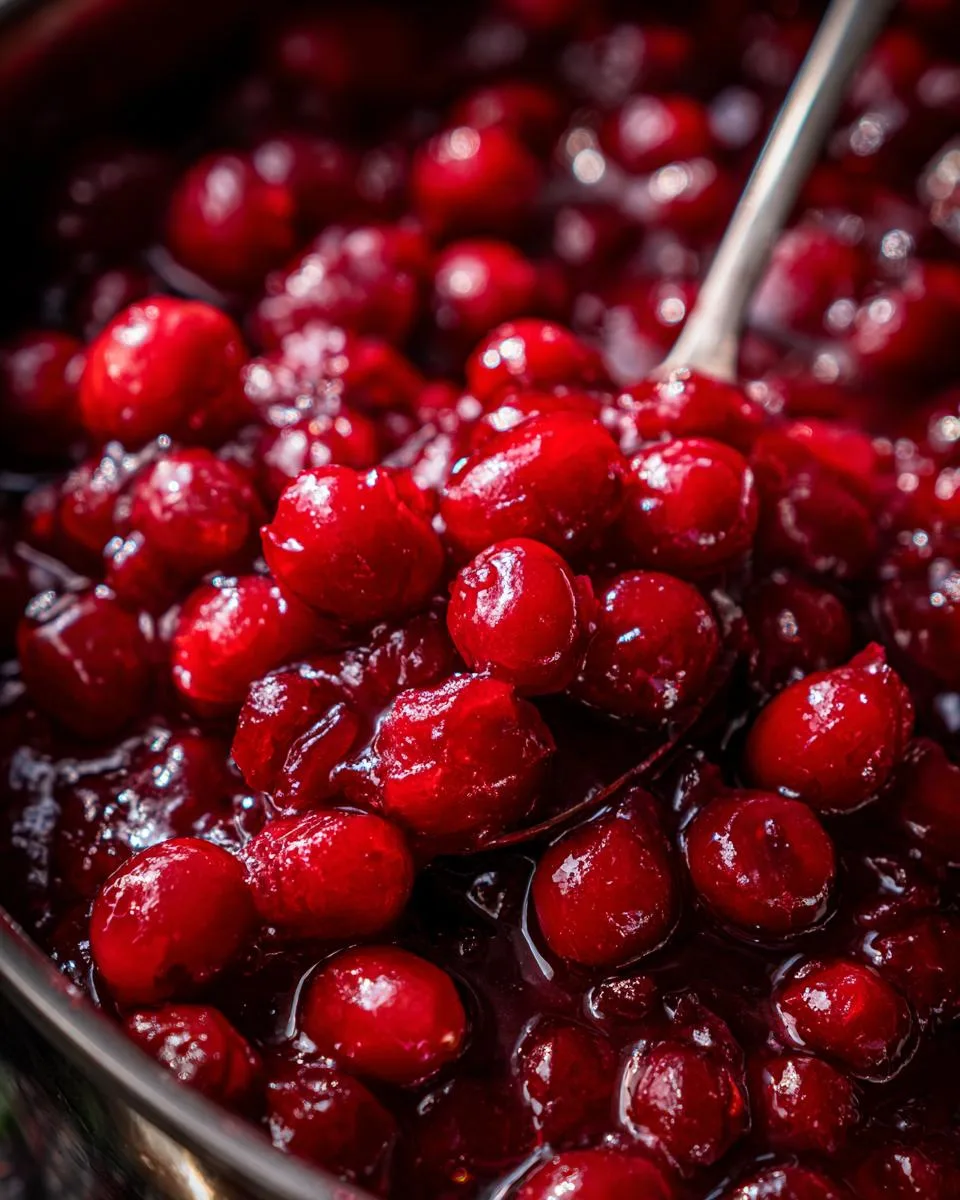 A close-up, detailed view of glistening cranberry chutney in a pot, with a spoon scooping some up.