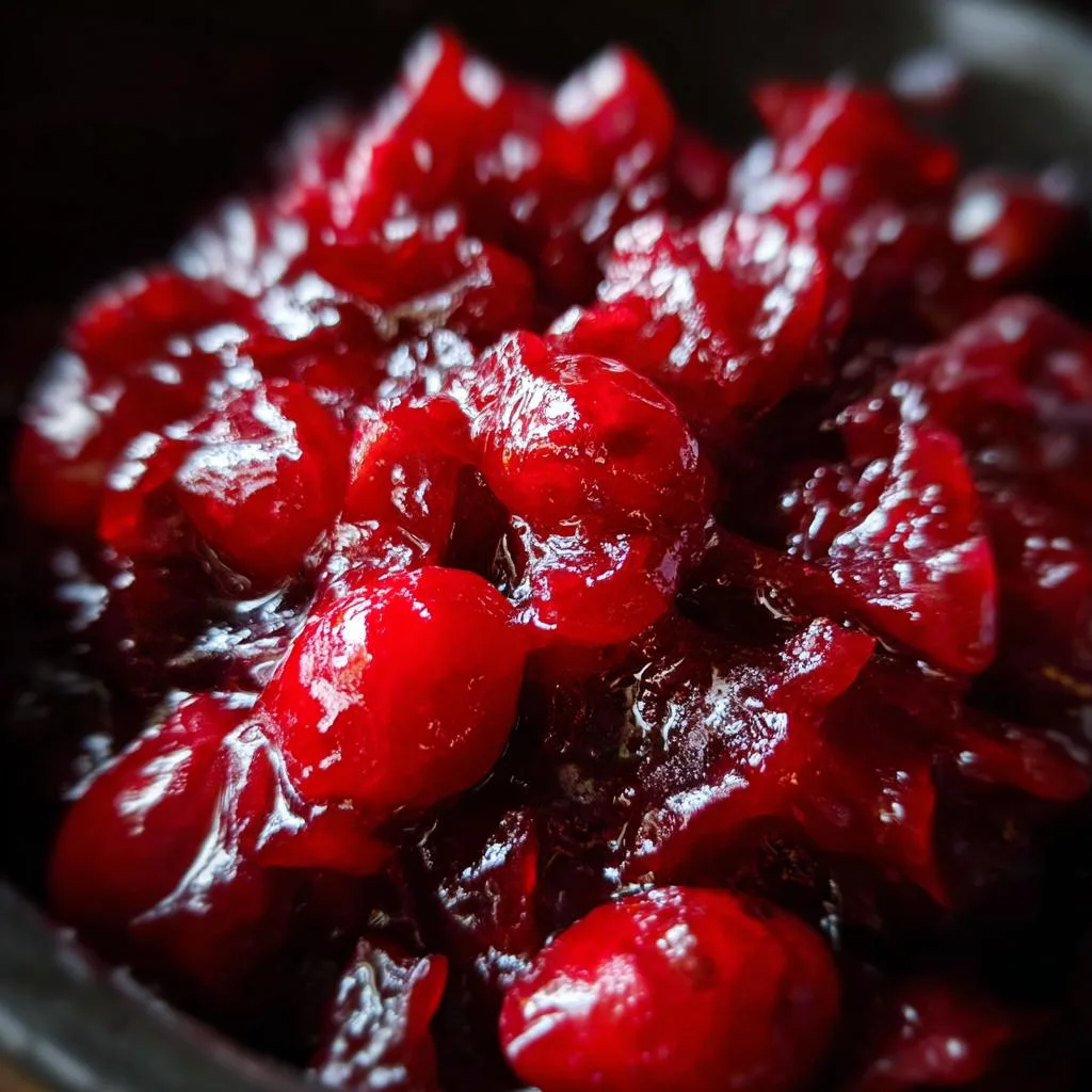 A close-up, mouthwatering view of glistening, jewel-toned cranberry chutney.