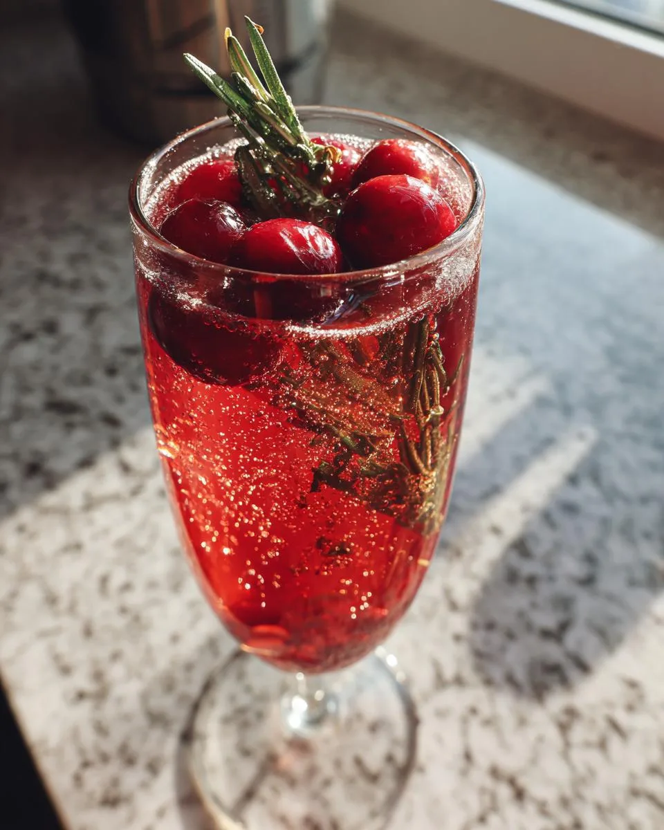 A close-up of a festive Cranberry Mimosa cocktail in a glass, garnished with fresh cranberries and rosemary.