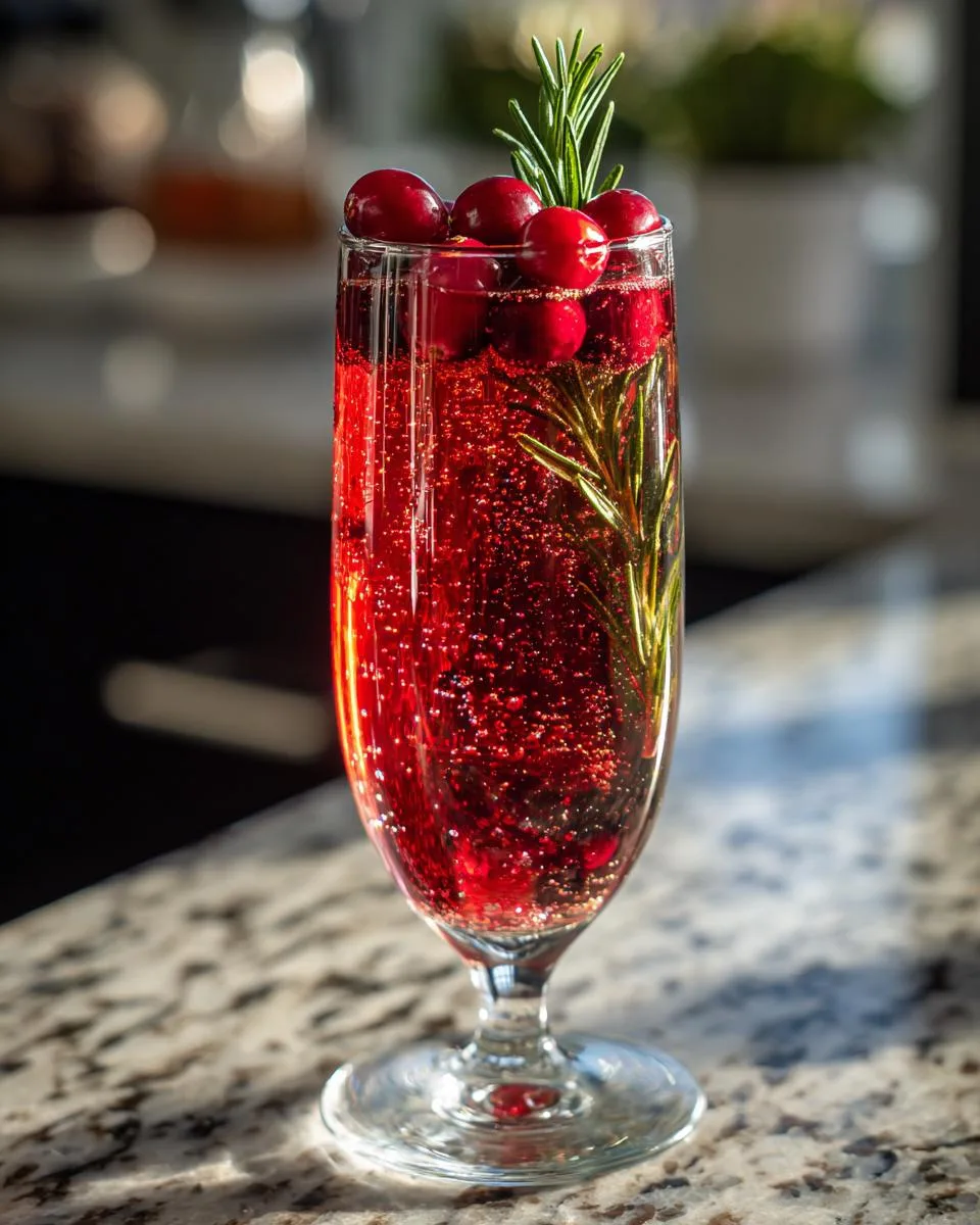 A festive cranberry mimosa garnished with fresh cranberries and a sprig of rosemary.