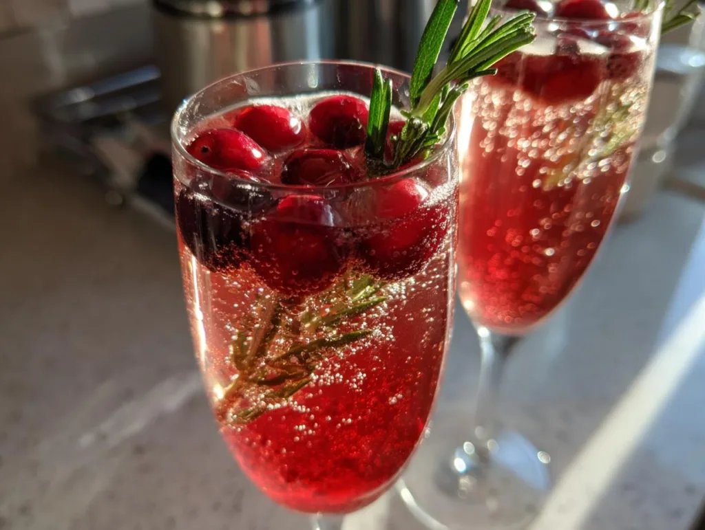 Close-up of two glasses filled with bubbly Cranberry Mimosas, garnished with fresh cranberries and rosemary sprigs.