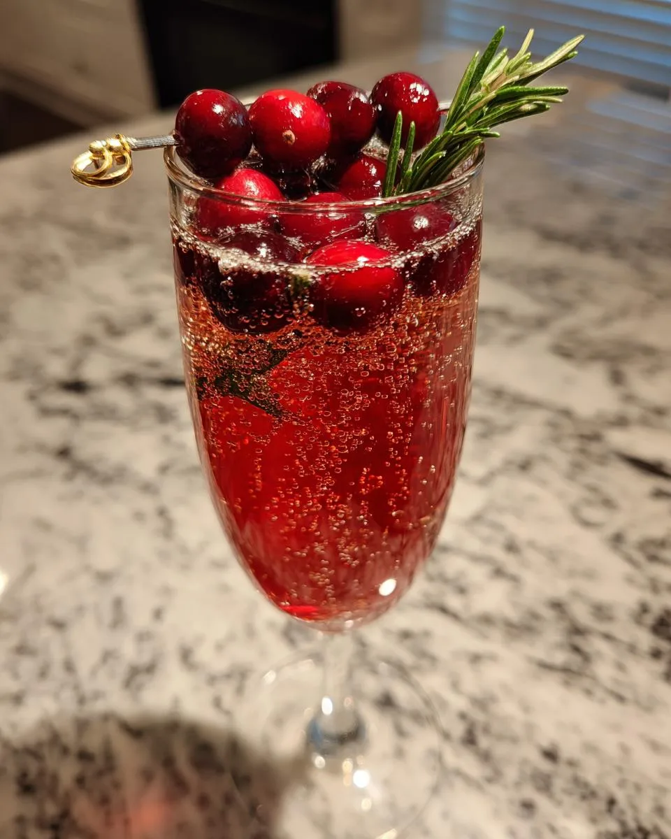 A festive glass of Cranberry Mimosas, topped with fresh cranberries and a sprig of rosemary.