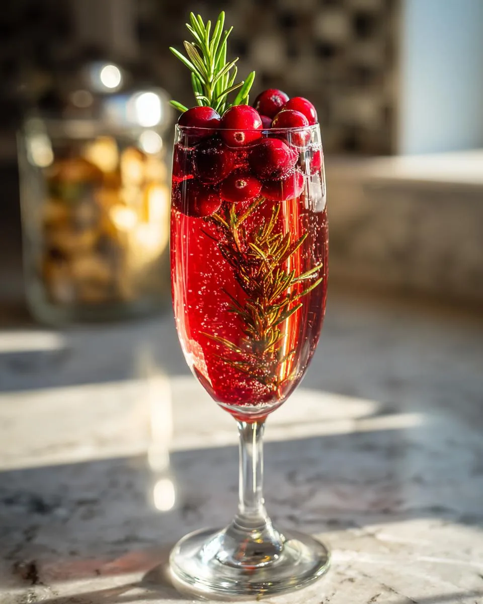 A close-up of a festive Cranberry Mimosa in a champagne flute, garnished with fresh cranberries and a sprig of rosemary.