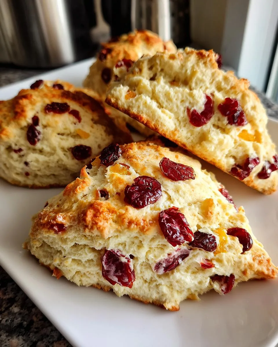 Close-up of freshly baked Cranberry Orange Scones on a white plate, showcasing dried cranberries and orange zest.
