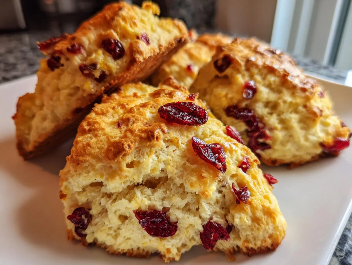 Close-up of golden brown Cranberry Orange Scones studded with dried cranberries on a white plate.