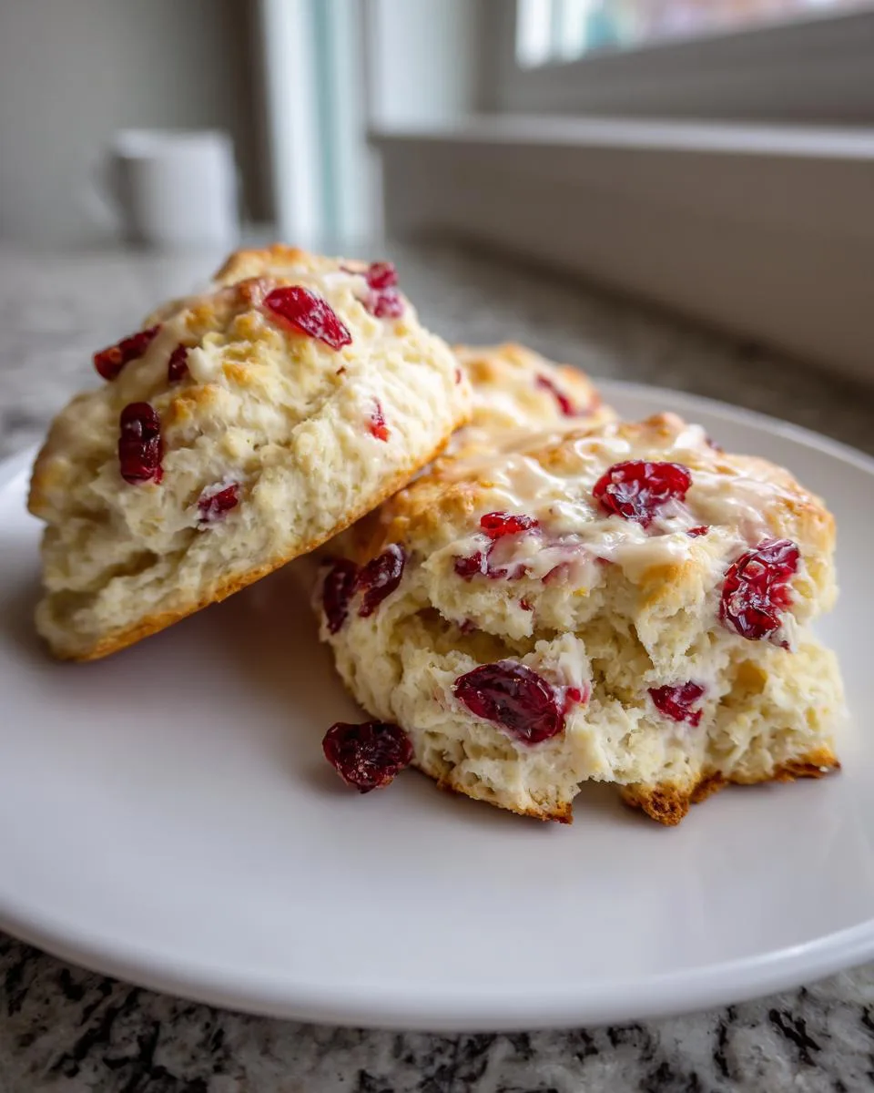 Close-up of two delicious cranberry orange scones on a white plate, drizzled with a light glaze and studded with dried cranberries.