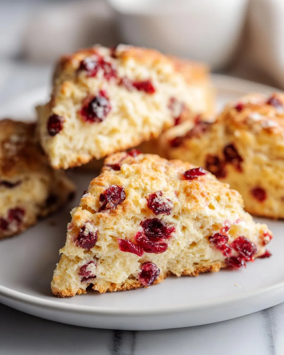 Close-up of freshly baked Cranberry Orange Scones on a white plate, showing plump cranberries throughout.