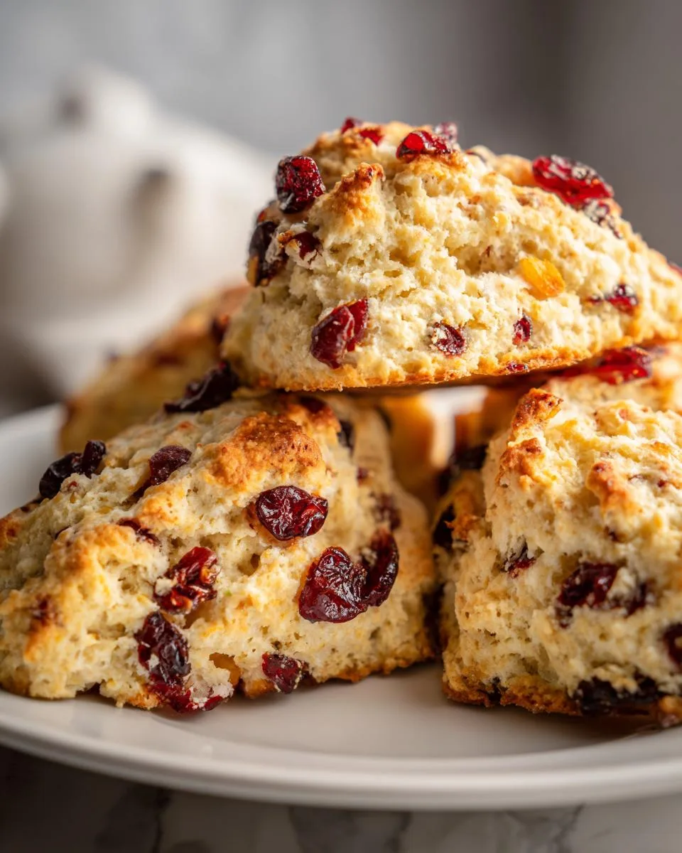 Close-up of fluffy Cranberry Orange Scones piled on a white plate, showcasing dried cranberries and orange zest.