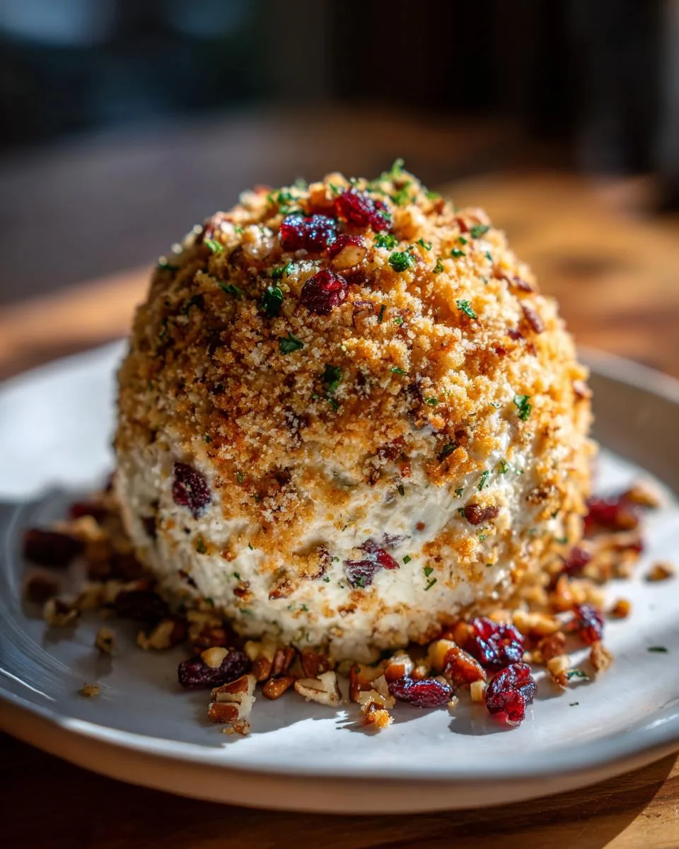 A festive Cranberry Pecan Cheese Ball coated in crunchy nuts and dried cranberries, perfect for holiday gatherings.