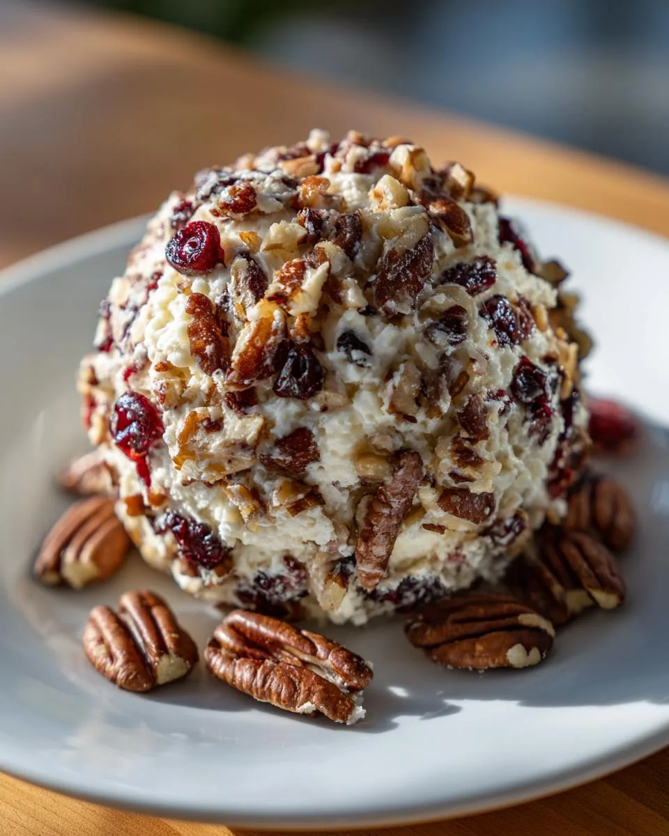 A festive Cranberry Pecan Cheese Ball coated in chopped nuts and dried cranberries, with whole pecans scattered around on a white plate.