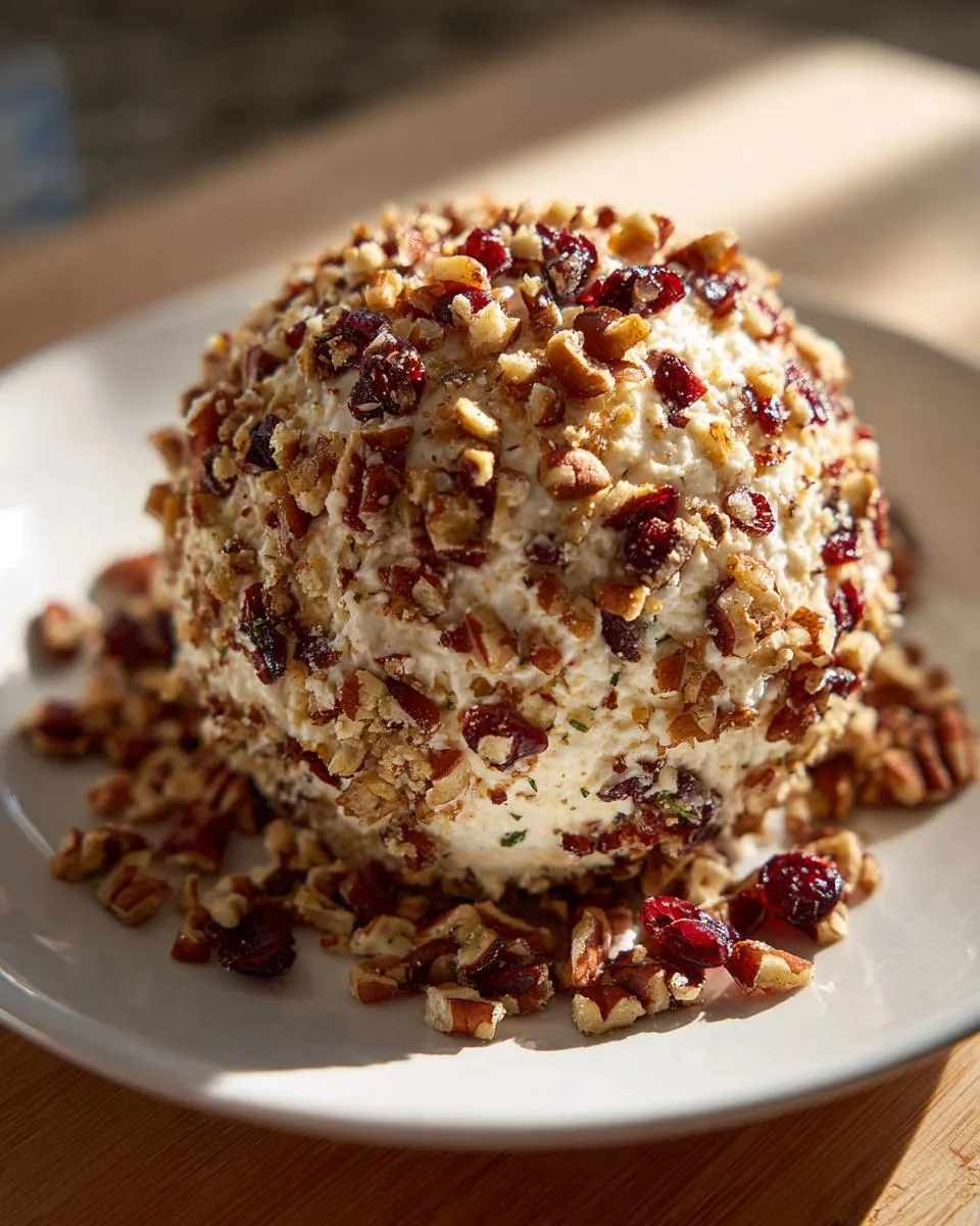 A delicious Cranberry Pecan Cheese Ball coated in chopped pecans and dried cranberries, served on a white plate.