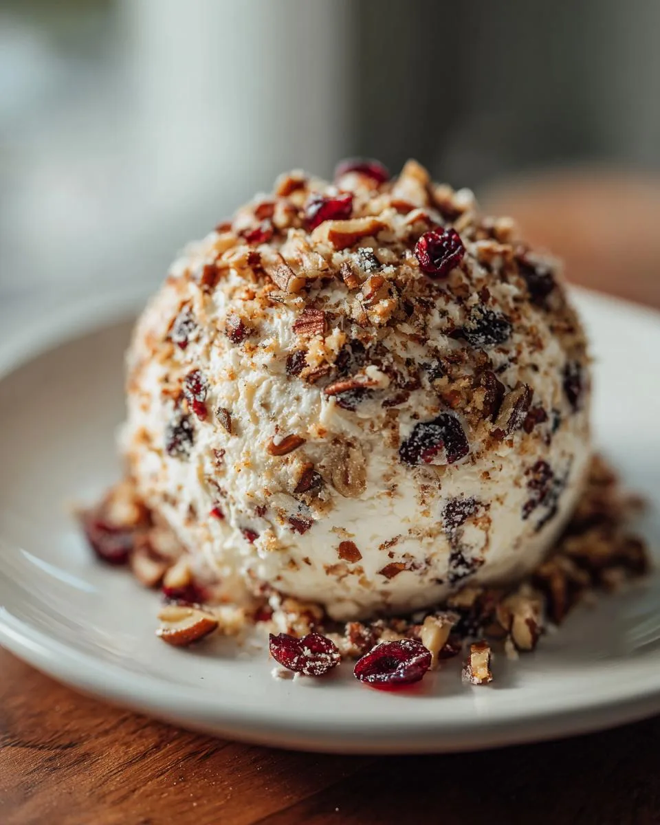 A festive Cranberry Pecan Cheese Ball coated in chopped nuts and dried cranberries, served on a white plate.