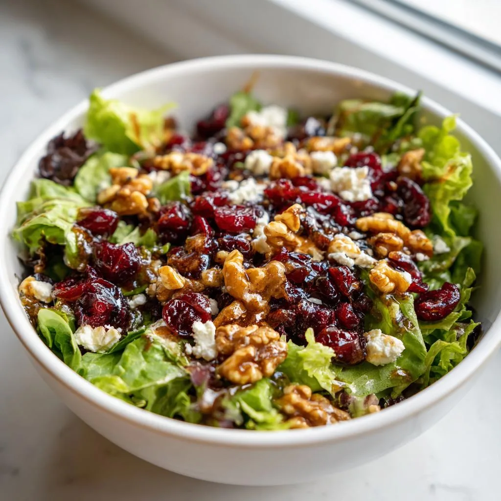 A close-up of a vibrant Cranberry Walnut Salad in a white bowl, featuring crisp lettuce, dried cranberries, walnuts, and crumbled feta cheese.
