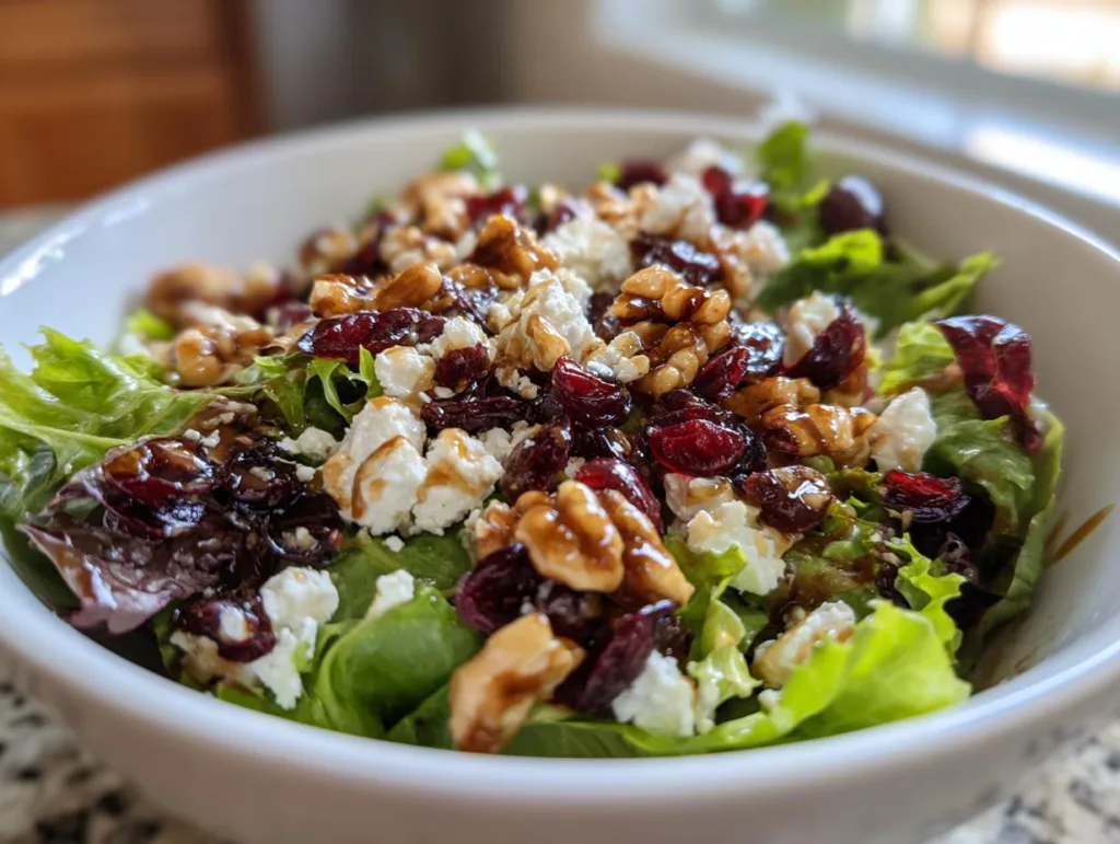 A close-up of a vibrant Cranberry Walnut Salad in a white bowl, featuring mixed greens, dried cranberries, walnuts, and crumbled feta cheese.