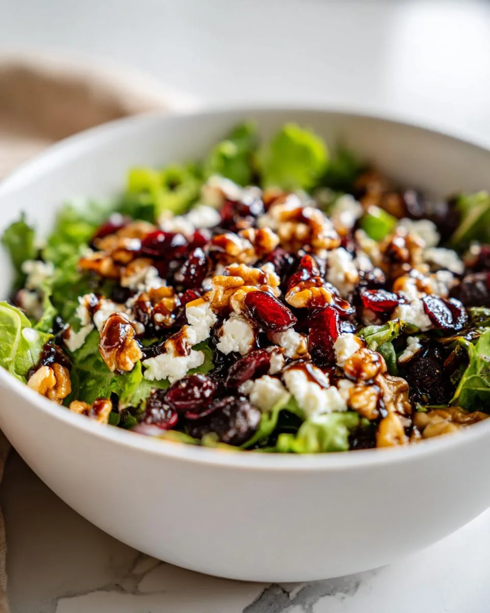 A close-up of a vibrant Cranberry Walnut Salad in a white bowl, featuring greens, crumbled feta, walnuts, dried cranberries, and a balsamic glaze.