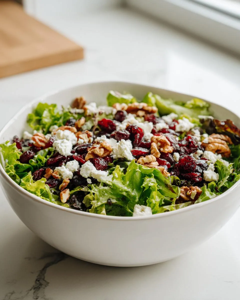 A white bowl filled with fresh greens, topped with dried cranberries, walnuts, and crumbled feta cheese for a delicious Cranberry Walnut Salad.
