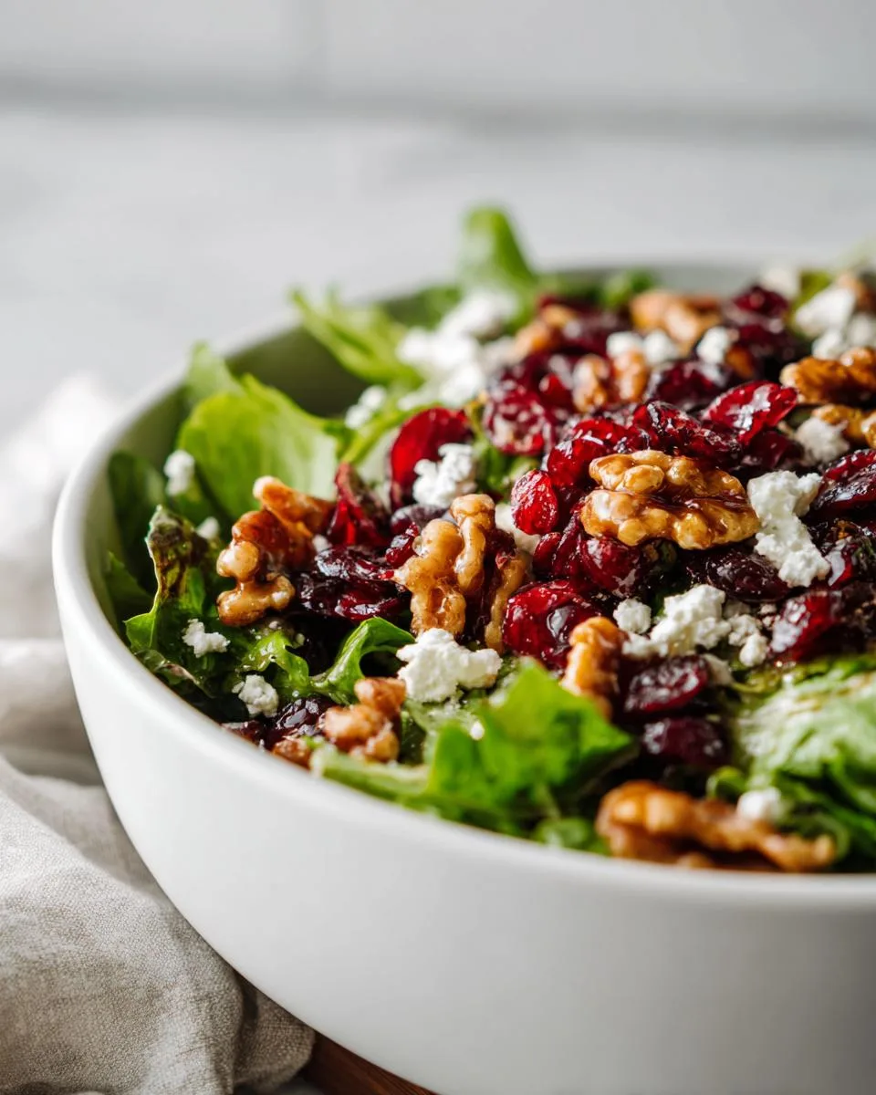 A close-up of a vibrant Cranberry Walnut Salad in a white bowl, featuring fresh greens, dried cranberries, walnuts, and crumbled feta cheese.
