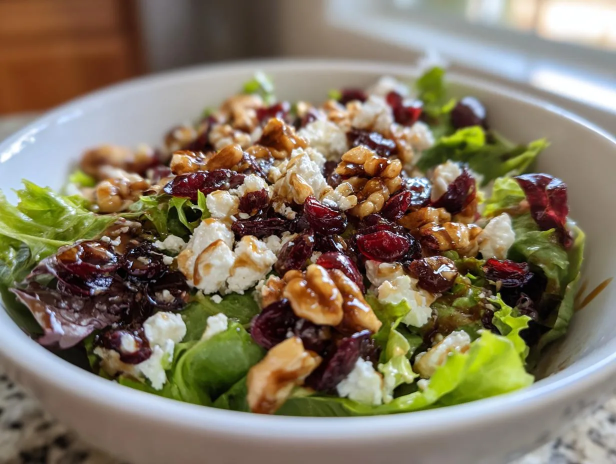 A close-up of a vibrant Cranberry Walnut Salad in a white bowl, featuring mixed greens, dried cranberries, walnuts, and crumbled feta cheese.