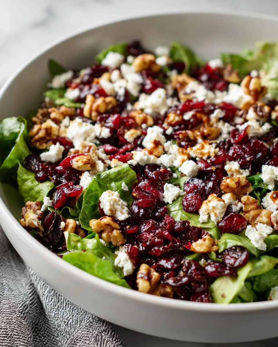 A refreshing Cranberry Walnut Salad in a white bowl, topped with feta cheese and crunchy walnuts.