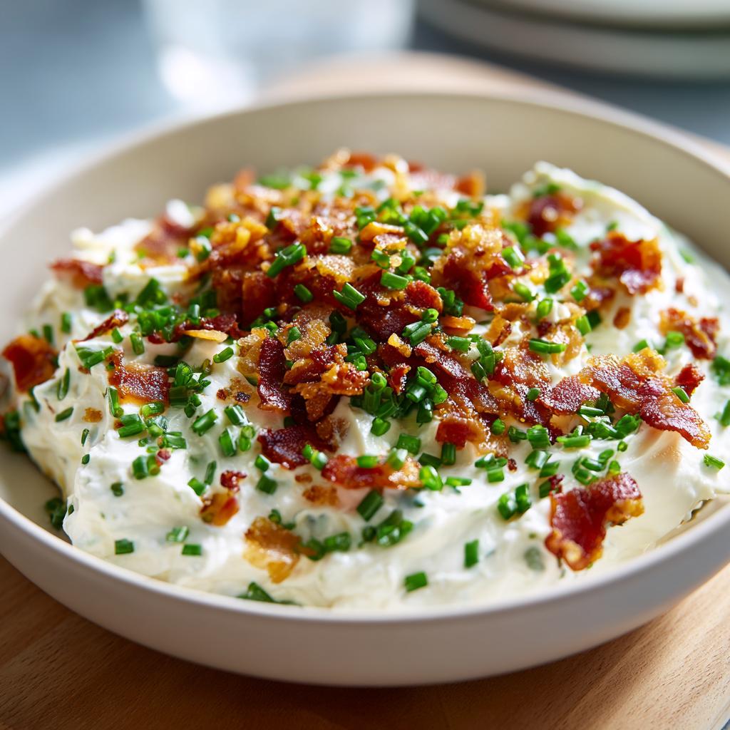Close-up of a creamy dip topped with crumbled bacon and fresh chives, perfect new year's eve food.