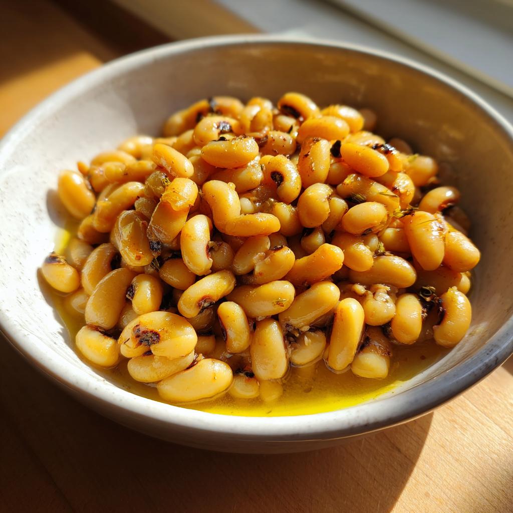 A close-up of a bowl filled with creamy black eyed peas in a rich, golden broth, with hints of char.