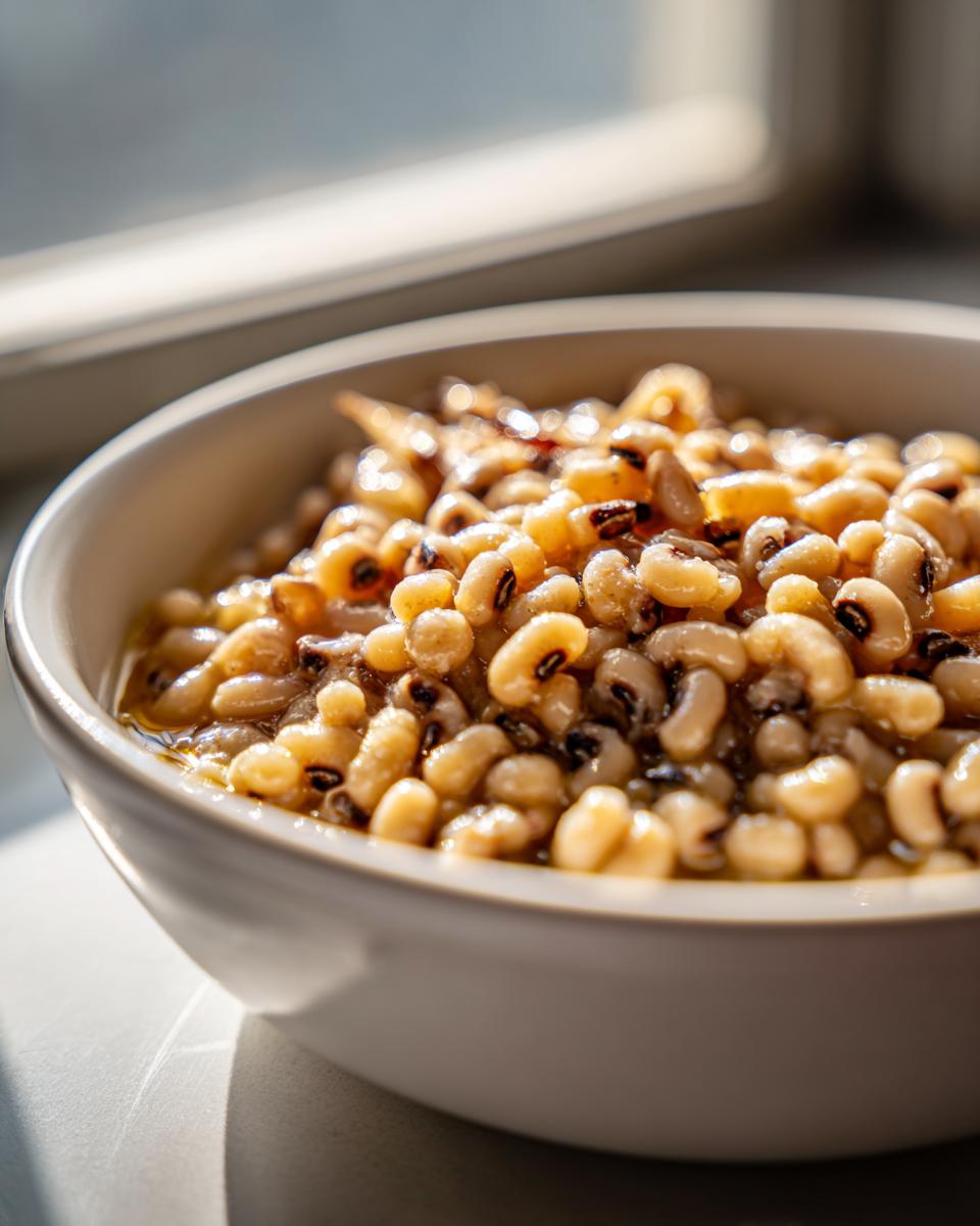 Close-up of a bowl filled with creamy black eyed peas, bathed in warm sunlight.