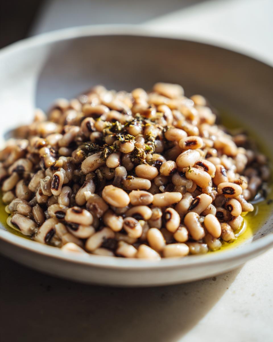 A close-up of a bowl filled with creamy black eyed peas, seasoned with herbs and drizzled with olive oil.