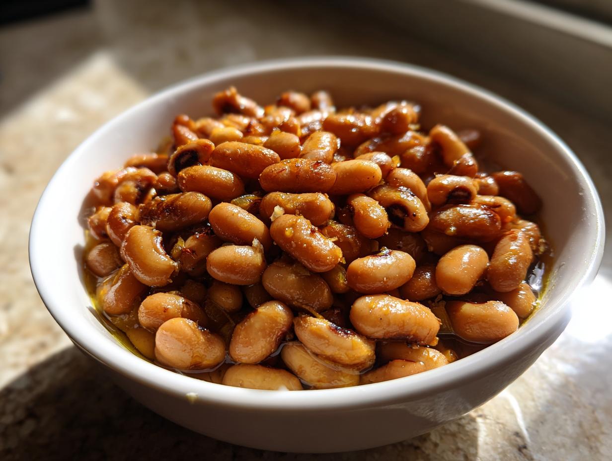 Close-up of a white bowl filled with creamy black eyed peas, glistening in a savory broth.