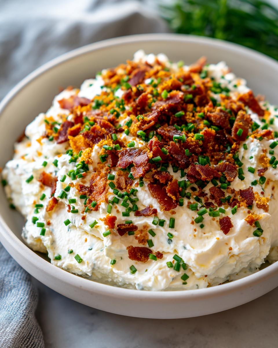 Close-up of a creamy dip topped with crumbled bacon, chives, and breadcrumbs, perfect for New Year's Eve food.
