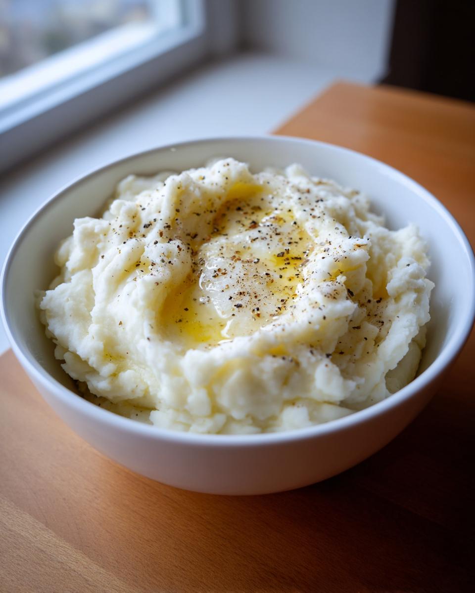 A bowl of fluffy mashed potatoes topped with melted butter and cracked black pepper. One of the best mashed potatoes recipes.