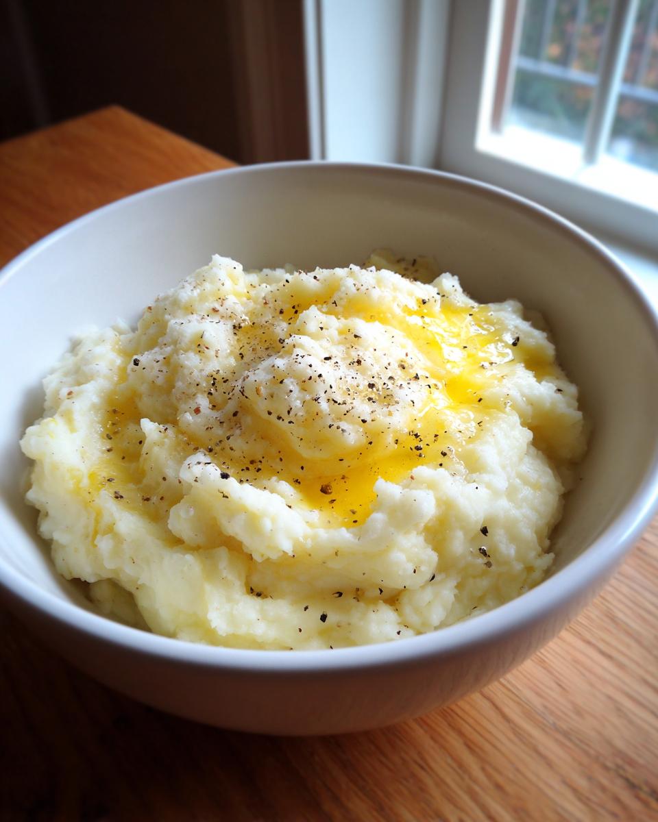 A close-up of creamy mashed potatoes recipes topped with melted butter and cracked black pepper in a white bowl.