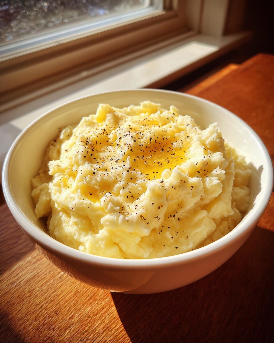 A bowl of creamy mashed potatoes recipes topped with melted butter and cracked black pepper.