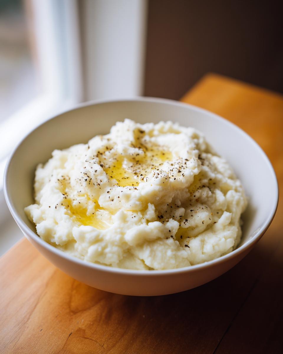 A bowl of fluffy mashed potatoes recipes topped with melted butter and cracked black pepper.